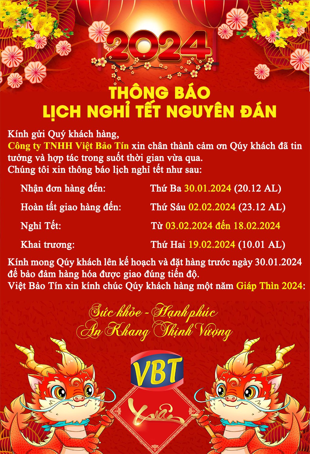Lịch thông báo nghỉ tết của hóa chất Việt Bảo Tín