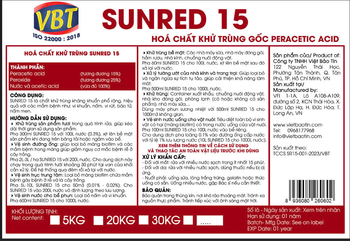 SUNRED 15 - Hóa chất khử trùng gốc peracetic acid